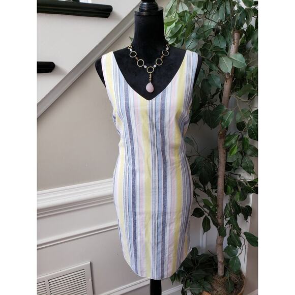 Blue Blush Knee Length Dress Womens Medium Multi Lined Striped V Neck Pullover - Picture 1 of 14